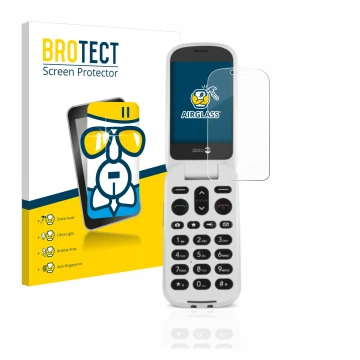 Front side of a product packaging with the brand logo BROTECT. Next to it is the device Doro 6050 shown with the corresponding