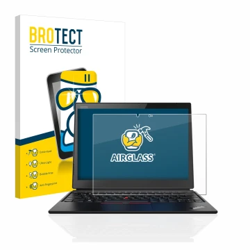 Front side of a product packaging with the brand logo BROTECT. Next to it is the device Lenovo ThinkPad X1 Yoga (1st Gen.) sho