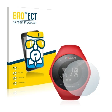 Front side of a product packaging with the brand logo BROTECT. Next to it is the device Polar M200 shown with the correspondin