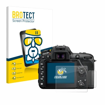 Front side of a product packaging with the brand logo BROTECT. Next to it is the device Nikon D7500 shown with the correspondi