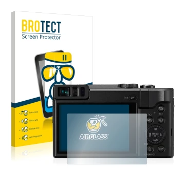 Front side of a product packaging with the brand logo BROTECT. Next to it is the device Panasonic Lumix DC-TZ91 shown with the