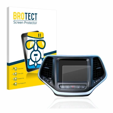 Front side of a product packaging with the brand logo BROTECT. Next to it is the device Jeep Cherokee Uconnect 8.4