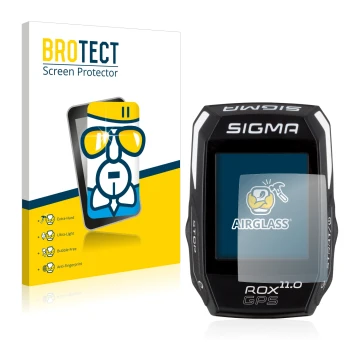 Front side of a product packaging with the brand logo BROTECT. Next to it is the device Sigma ROX GPS 11.0 shown with the corr
