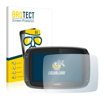 Front side of a product packaging with the brand logo BROTECT. Next to it is the device TomTom Rider 450 shown with the corres