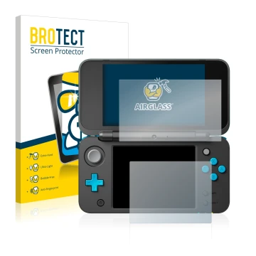 Front side of a product packaging with the brand logo BROTECT. Next to it is the device Nintendo 2DS XL shown with the corresp