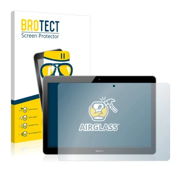 Front side of a product packaging with the brand logo BROTECT. Next to it is the device Huawei MediaPad T3 10 shown with the c