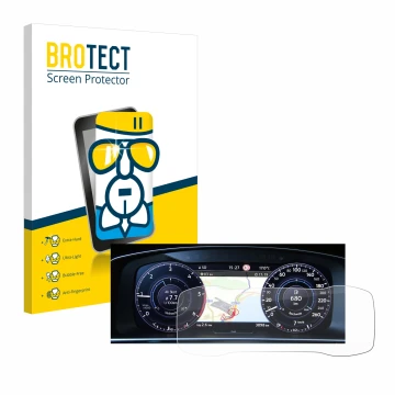 Front side of a product packaging with the brand logo BROTECT. Next to it is the device Volkswagen Golf 7 Active Info Chockpit