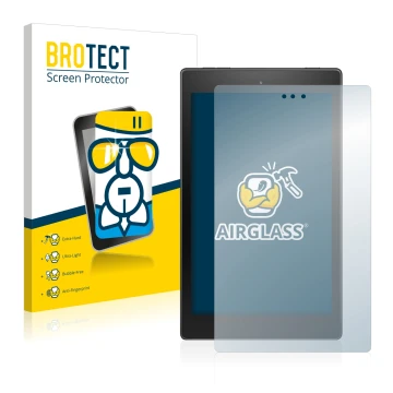 Front side of a product packaging with the brand logo BROTECT. Next to it is the device Amazon Fire HD 8 2018 (8th Gen.) shown