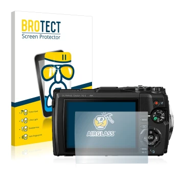 Front side of a product packaging with the brand logo BROTECT. Next to it is the device Olympus Tough TG-5 shown with the corr