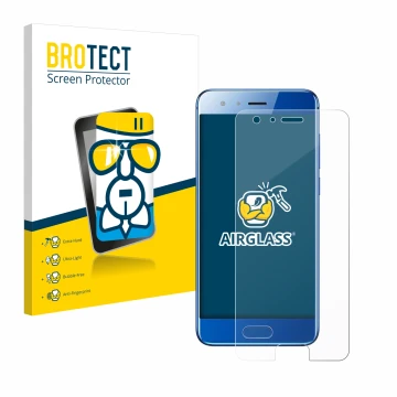 Front side of a product packaging with the brand logo BROTECT. Next to it is the device Honor 9 shown with the corresponding s