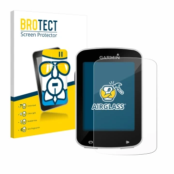 Front side of a product packaging with the brand logo BROTECT. Next to it is the device Garmin Edge Explore 820 shown with the