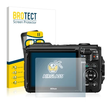 Front side of a product packaging with the brand logo BROTECT. Next to it is the device Nikon Coolpix W300 shown with the corr
