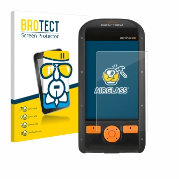 Front side of a product packaging with the brand logo BROTECT. Next to it is the device Satmap Active 20 shown with the corres