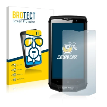 Front side of a product packaging with the brand logo BROTECT. Next to it is the device Blackview BV8000 Pro shown with the co