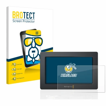 Front side of a product packaging with the brand logo BROTECT. Next to it is the device Blackmagic Design Video Assist (5.0) s