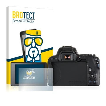Front side of a product packaging with the brand logo BROTECT. Next to it is the device Canon EOS 200D shown with the correspo