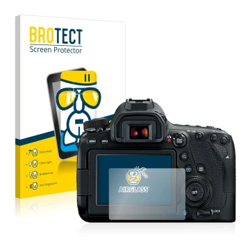 Front side of a product packaging with the brand logo BROTECT. Next to it is the device Canon EOS 6D Mark II shown with the co