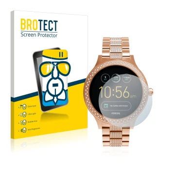 Front side of a product packaging with the brand logo BROTECT. Next to it is the device Fossil Q Venture shown with the corres