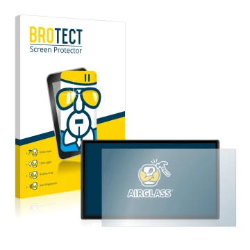 Front side of a product packaging with the brand logo BROTECT. Next to it is the device Garmin DriveSmart 61 LMT-S shown with 