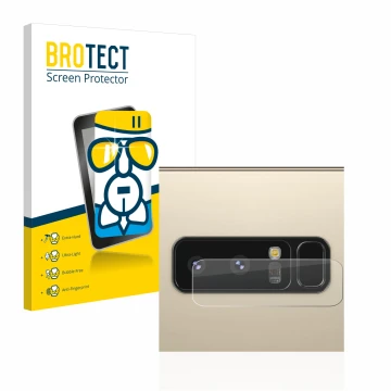Front side of a product packaging with the brand logo BROTECT. Next to it is the device Samsung Galaxy Note 8 (ONLY Camera Len