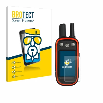 Front side of a product packaging with the brand logo BROTECT. Next to it is the device Garmin Atemos 100 shown with the corre