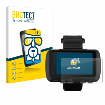 Front side of a product packaging with the brand logo BROTECT. Next to it is the device Garmin Foretrex 601 shown with the cor