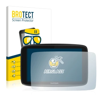 Front side of a product packaging with the brand logo BROTECT. Next to it is the device TomTom GO 6250 shown with the correspo