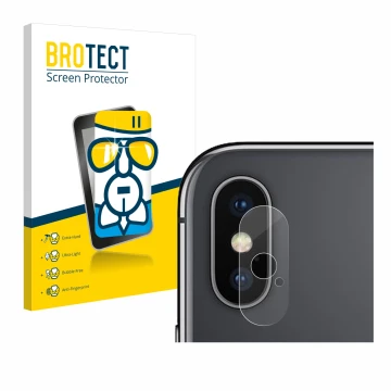 Front side of a product packaging with the brand logo BROTECT. Next to it is the device Apple iPhone X (ONLY Camera Lens) show