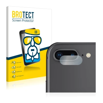 Front side of a product packaging with the brand logo BROTECT. Next to it is the device Apple iPhone 8 Plus (ONLY Camera Lens)