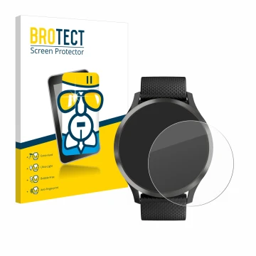 Front side of a product packaging with the brand logo BROTECT. Next to it is the device Garmin vivomove HR shown with the corr