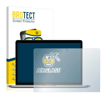 Front side of a product packaging with the brand logo BROTECT. Next to it is the device Apple MacBook Pro 13