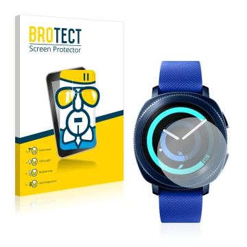 Front side of a product packaging with the brand logo BROTECT. Next to it is the device Samsung Gear Sport shown with the corr