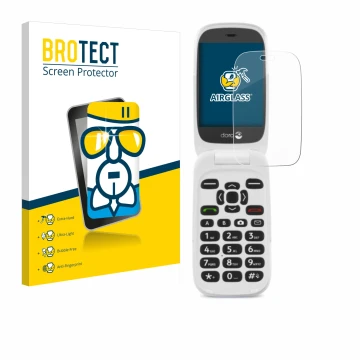 Front side of a product packaging with the brand logo BROTECT. Next to it is the device Doro 6520 shown with the corresponding