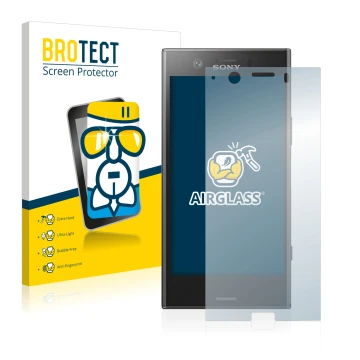 Front side of a product packaging with the brand logo BROTECT. Next to it is the device Sony Xperia XZ1 Compact shown with the