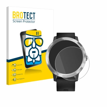 Front side of a product packaging with the brand logo BROTECT. Next to it is the device Garmin vivoactive 3 shown with the cor