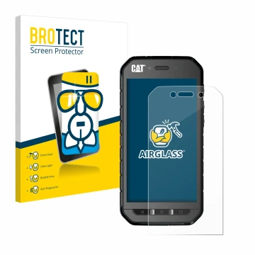 Front side of a product packaging with the brand logo BROTECT. Next to it is the device Caterpillar Cat S41 shown with the cor