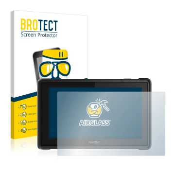 Front side of a product packaging with the brand logo BROTECT. Next to it is the device TomTom Pro 8275 Truck shown with the c