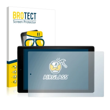 Front side of a product packaging with the brand logo BROTECT. Next to it is the device Amazon Fire HD 10 2017 (7th Gen.) show