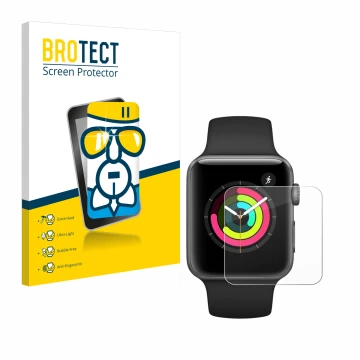 Front side of a product packaging with the brand logo BROTECT. Next to it is the device Apple Watch Series 3 (42 mm) shown wit