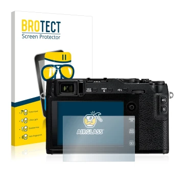 Front side of a product packaging with the brand logo BROTECT. Next to it is the device Fujifilm X-E3 shown with the correspon