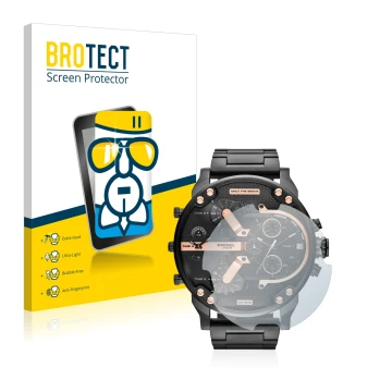 Front side of a product packaging with the brand logo BROTECT. Next to it is the device Diesel DZ7312 shown with the correspon