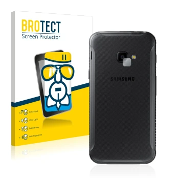 Front side of a product packaging with the brand logo BROTECT. Next to it is the device Samsung Galaxy XCover 4 (ONLY Camera L