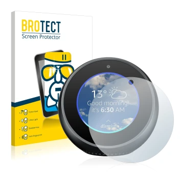 Front side of a product packaging with the brand logo BROTECT. Next to it is the device Amazon Echo Spot shown with the corres