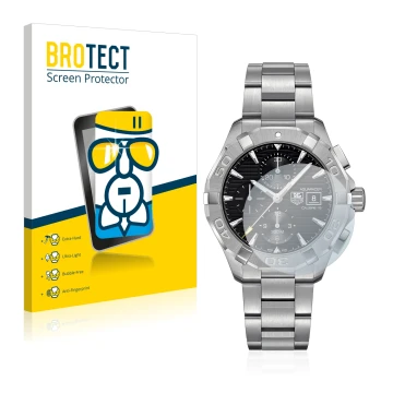 Front side of a product packaging with the brand logo BROTECT. Next to it is the device TAG Heuer Aquaracer (43 mm) shown with