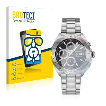 Front side of a product packaging with the brand logo BROTECT. Next to it is the device TAG Heuer Formula 1 (44 mm) shown with