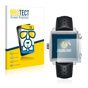 Front side of a product packaging with the brand logo BROTECT. Next to it is the device TAG Heuer Monaco (39 mm) shown with th
