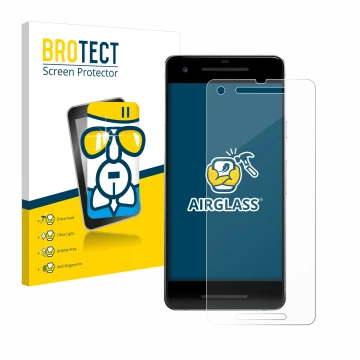 Front side of a product packaging with the brand logo BROTECT. Next to it is the device Google Pixel 2 shown with the correspo