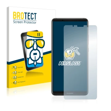 Front side of a product packaging with the brand logo BROTECT. Next to it is the device Huawei Mate 10 Pro shown with the corr
