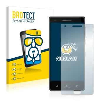 Front side of a product packaging with the brand logo BROTECT. Next to it is the device BlackBerry Motion 2017 shown with the 