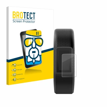 Front side of a product packaging with the brand logo BROTECT. Next to it is the device Garmin Vivosport shown with the corres